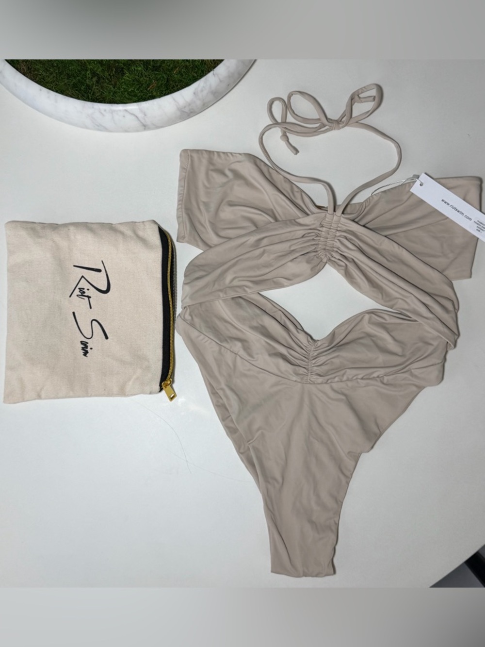 Riot Swim Phoenix in Coconut Cutout One-Piece Ruched Swimsuit L